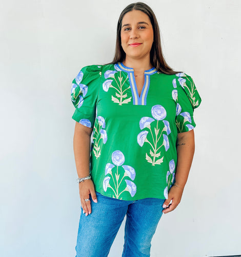 Green & Blue Block Print Top