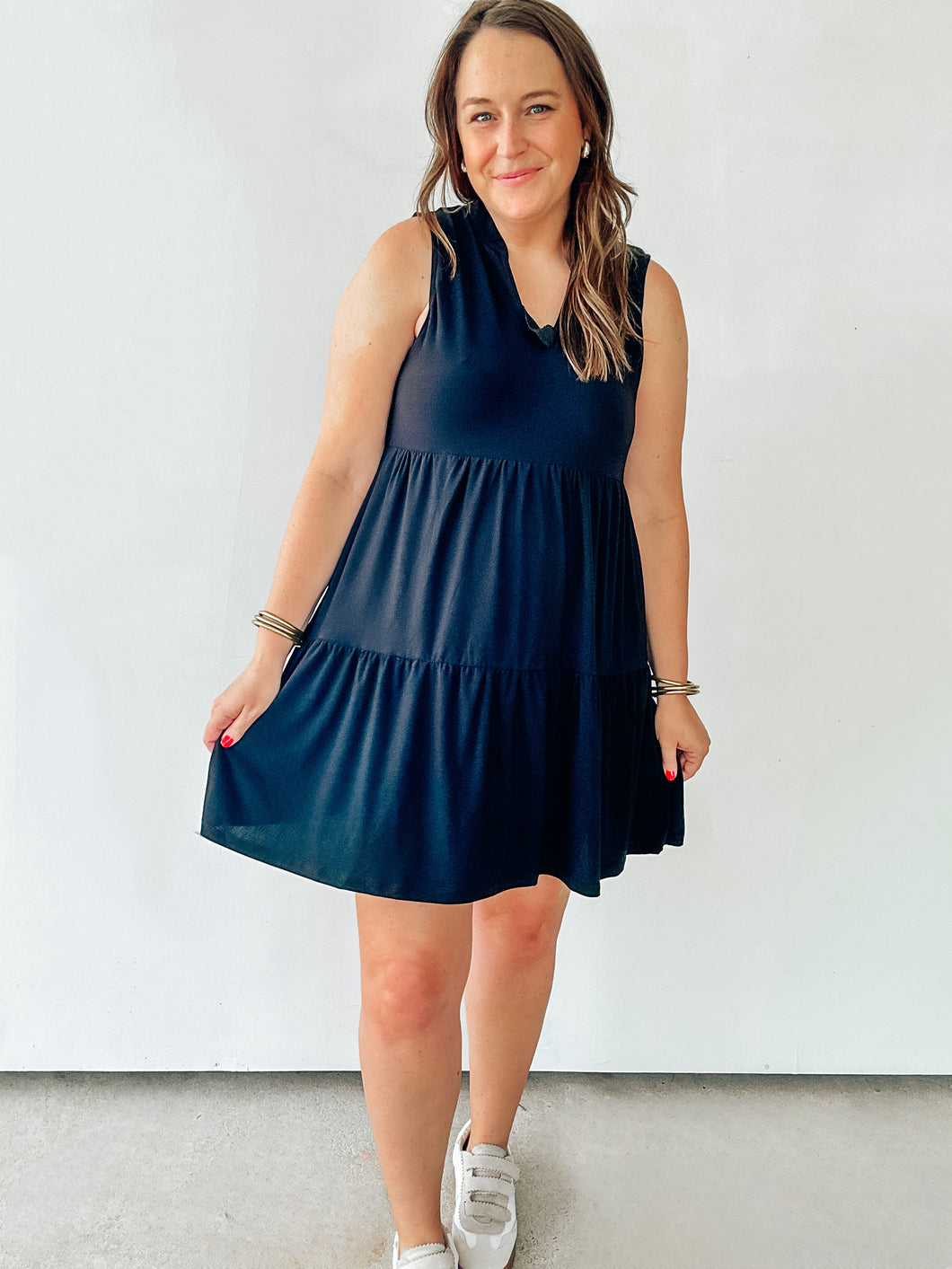 Wrinkle Free Black Tiered Dress